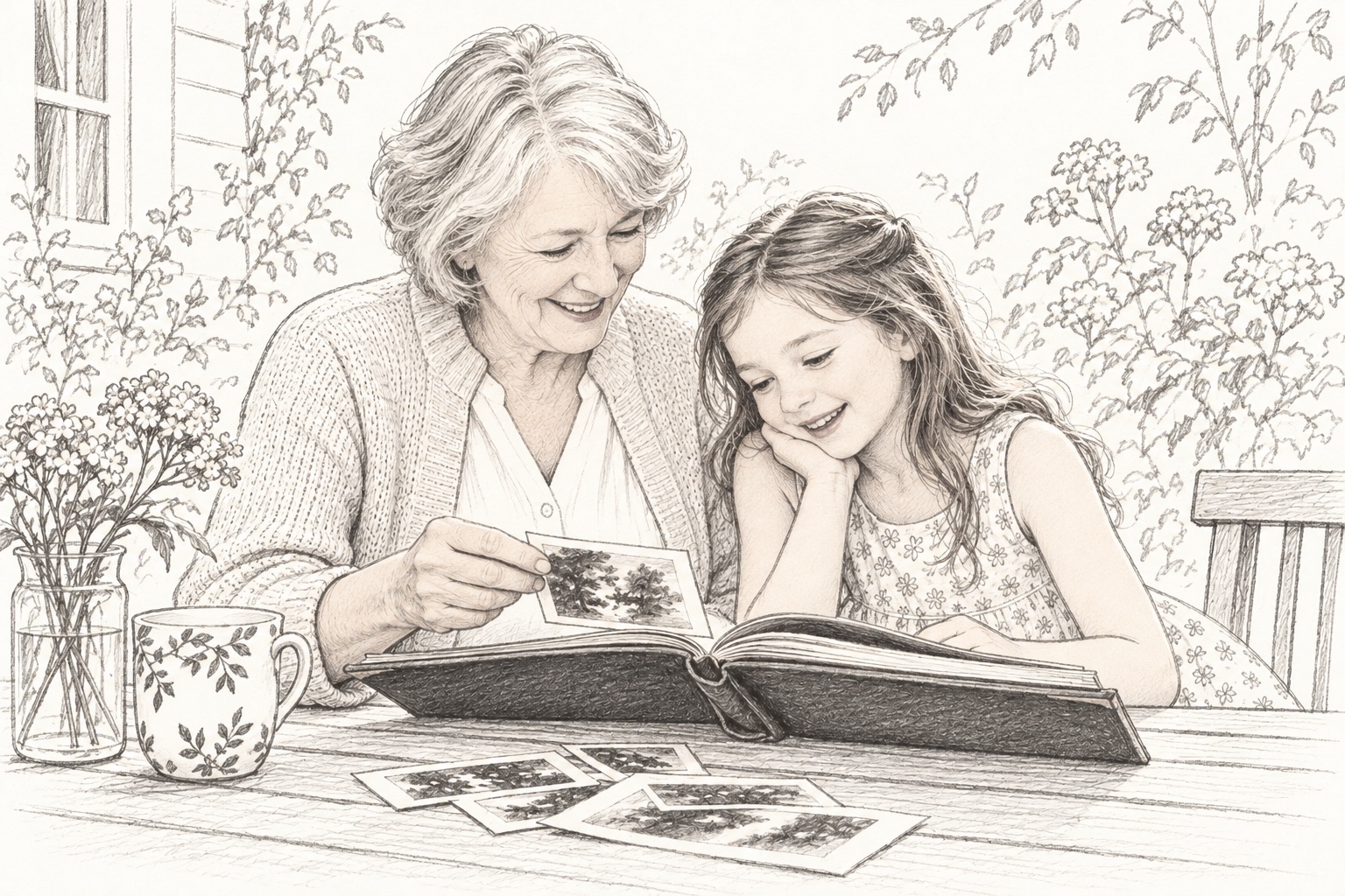 Illustration of a grandmother and granddaughter sharing a photo album at a garden table